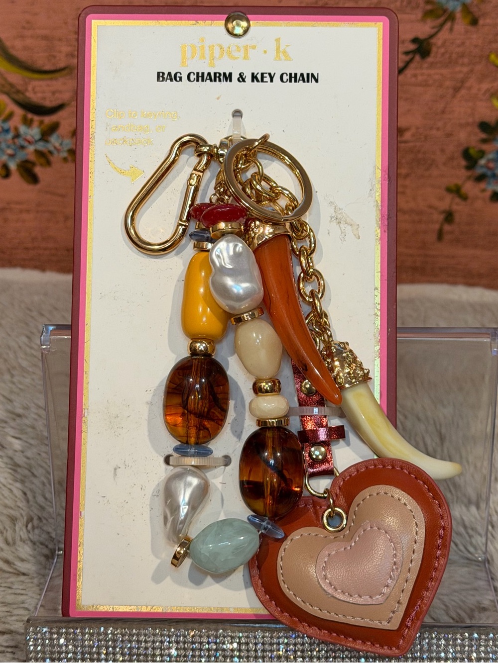 Piper Heart Charm Keychain Bag Charm in Tan, Pink, Amber & Cream